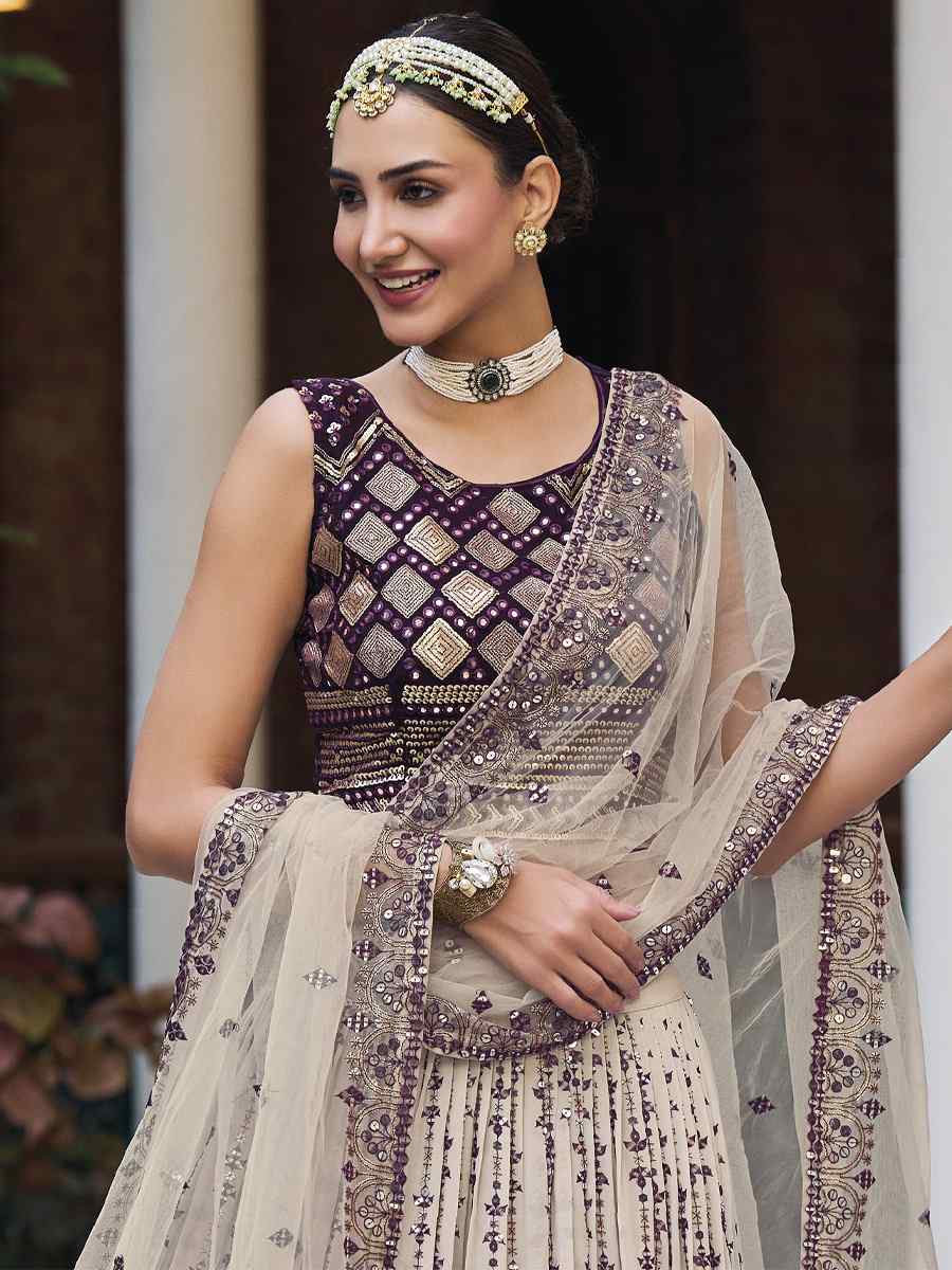 Cream Georgette Embroidered Wedding Festival Heavy Border Lehenga Choli