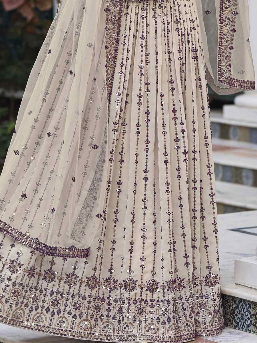 Cream Georgette Embroidered Wedding Festival Heavy Border Lehenga Choli