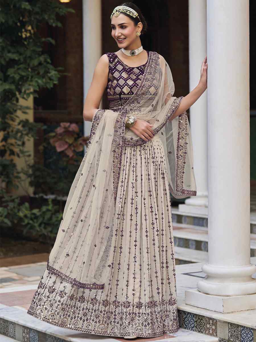 Cream Georgette Embroidered Wedding Festival Heavy Border Lehenga Choli