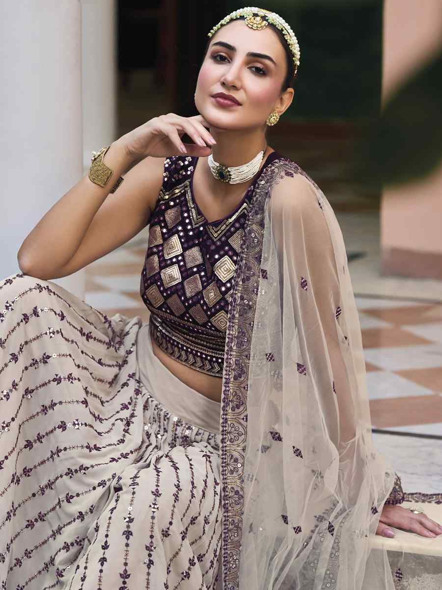 Cream Georgette Embroidered Wedding Festival Heavy Border Lehenga Choli