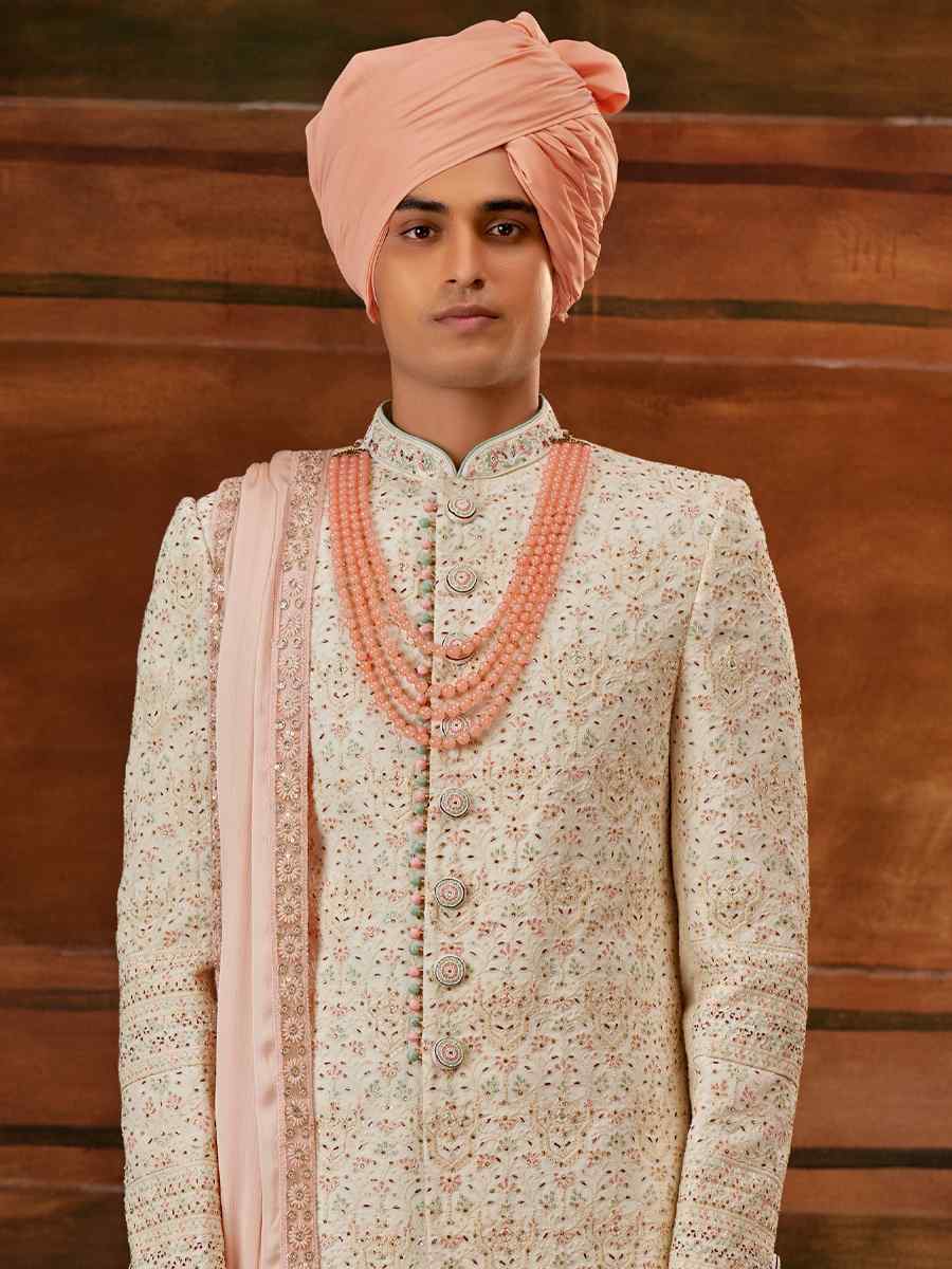 Cream Georgette Embroidered Wedding Groom Sherwani