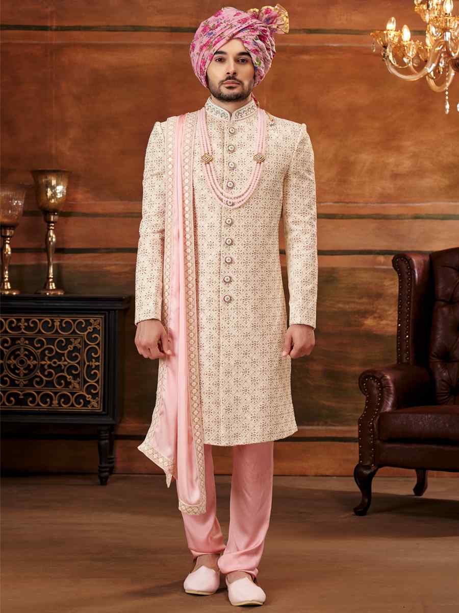 Cream Georgette Embroidered Wedding Groom Sherwani