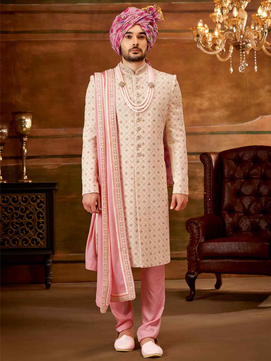 Cream Georgette Embroidered Wedding Groom Sherwani