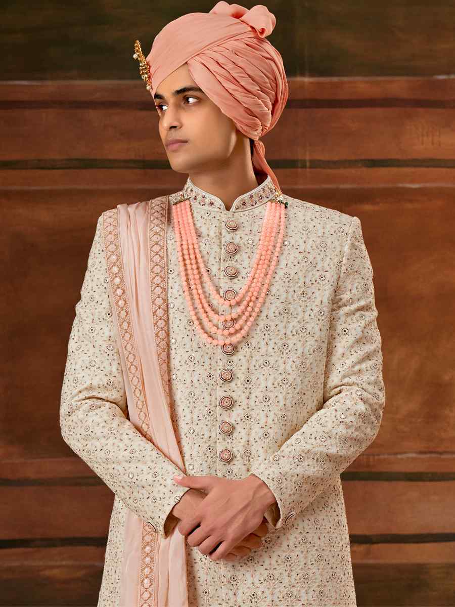 Cream Georgette Embroidered Wedding Groom Sherwani