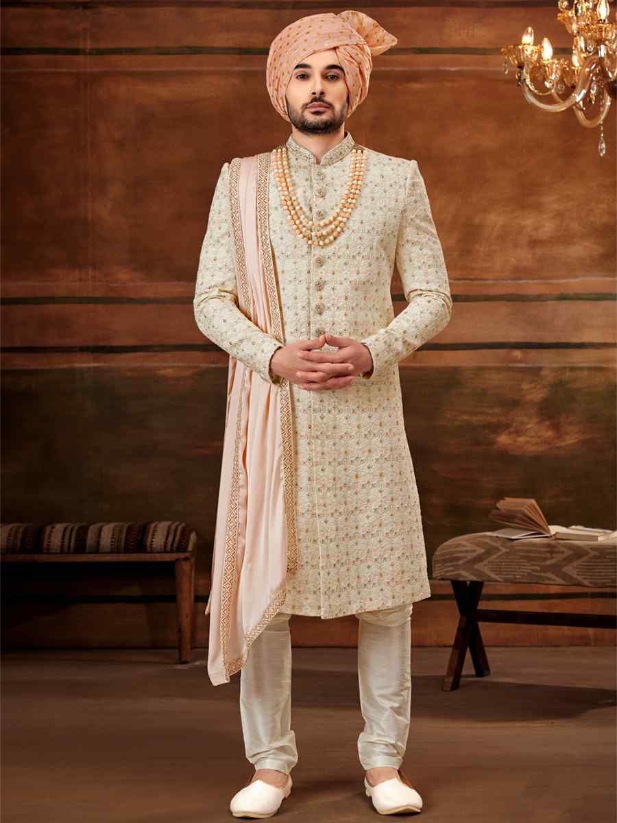 Cream Georgette Embroidered Wedding Groom Sherwani