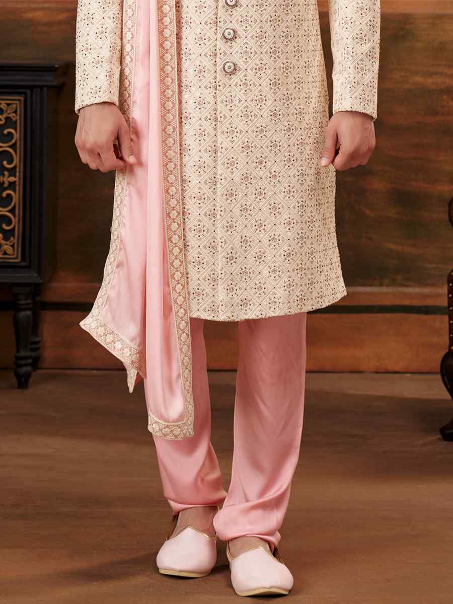 Cream Georgette Embroidered Wedding Groom Sherwani