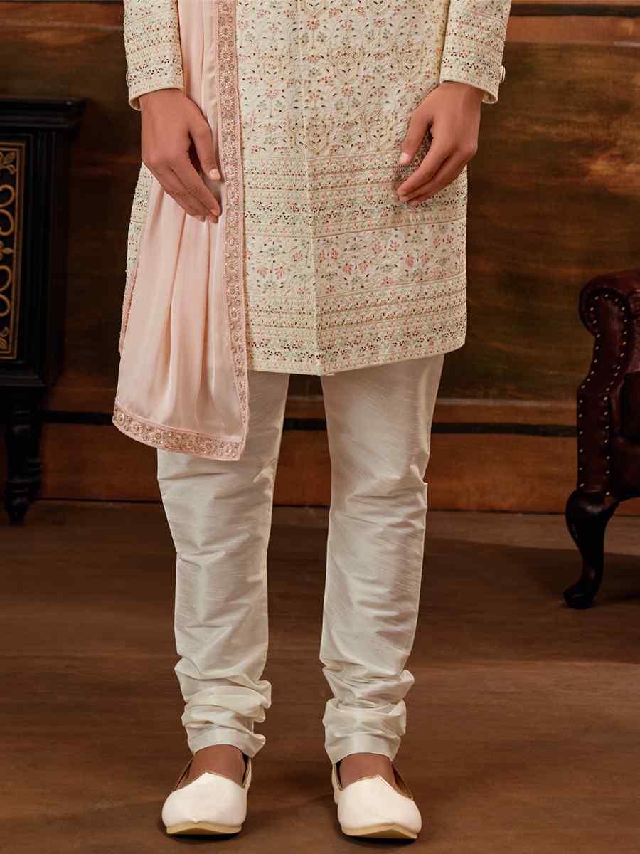 Cream Georgette Embroidered Wedding Groom Sherwani