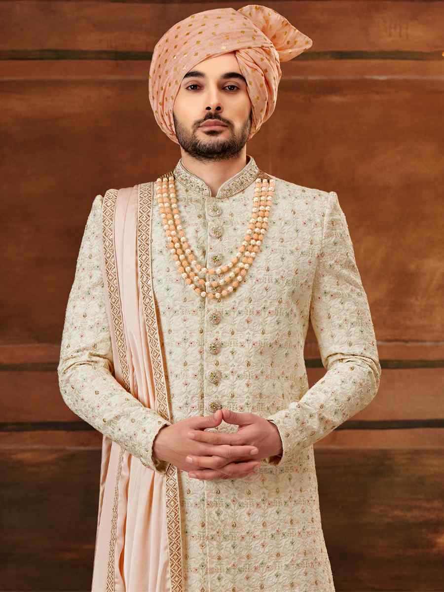 Cream Georgette Embroidered Wedding Groom Sherwani