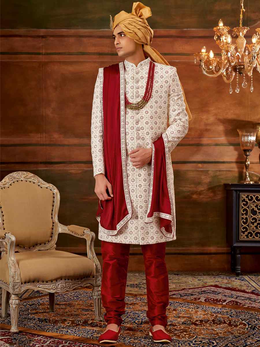 Cream Georgette Embroidered Wedding Groom Sherwani