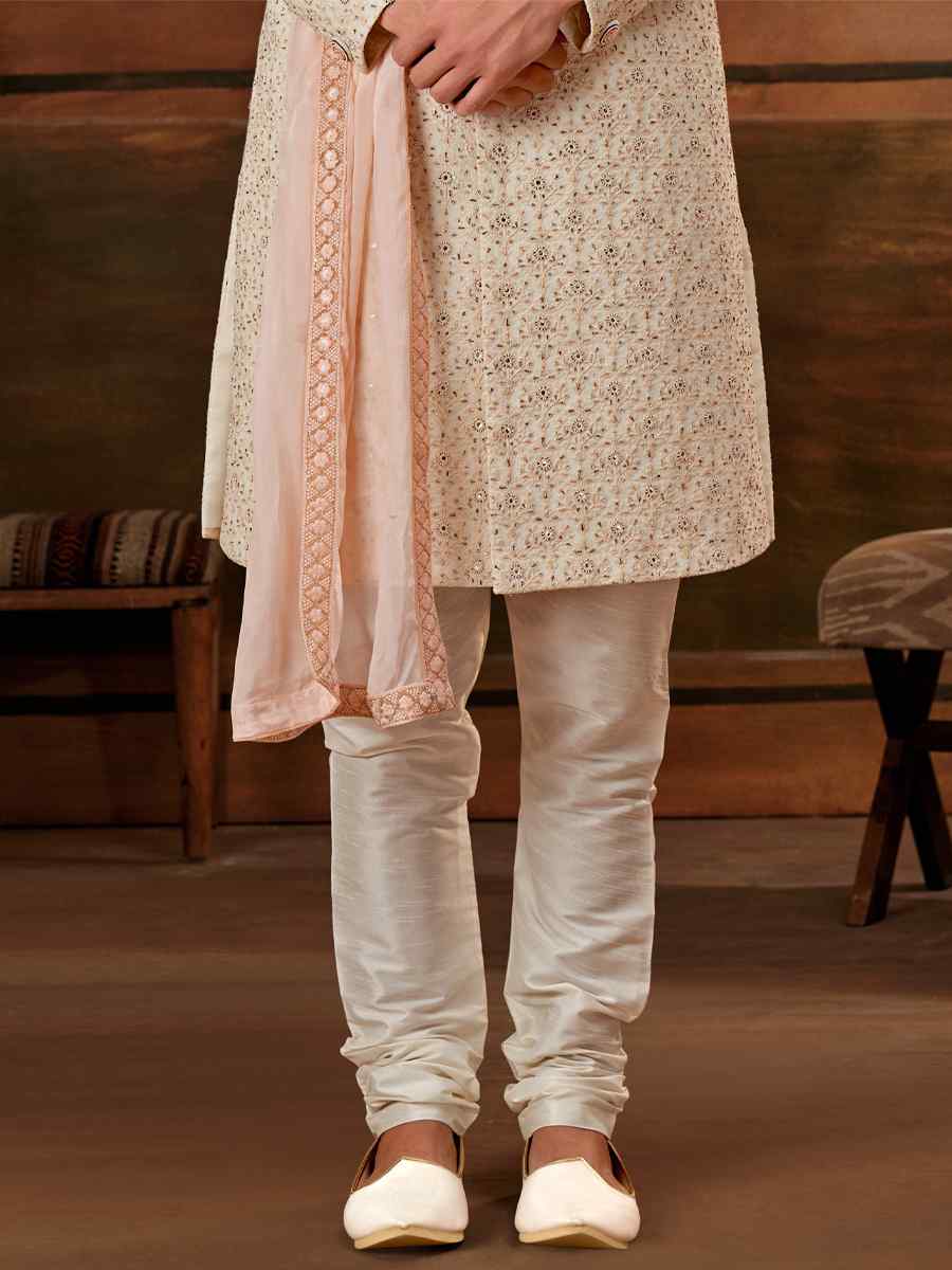 Cream Georgette Embroidered Wedding Groom Sherwani