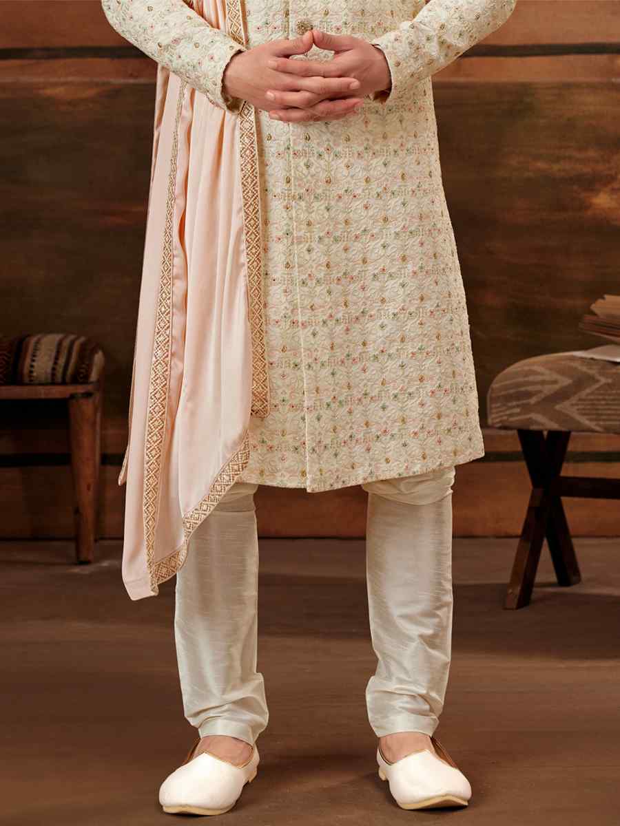 Cream Georgette Embroidered Wedding Groom Sherwani