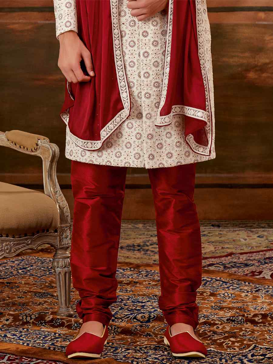 Cream Georgette Embroidered Wedding Groom Sherwani