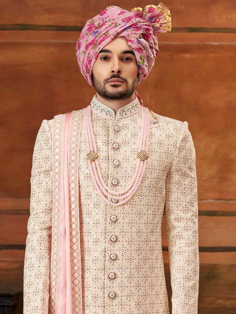 Cream Georgette Embroidered Wedding Groom Sherwani