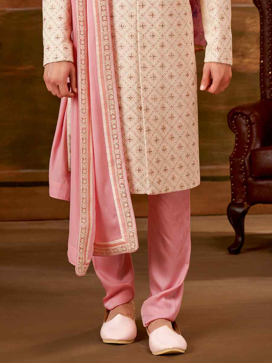 Cream Georgette Embroidered Wedding Groom Sherwani