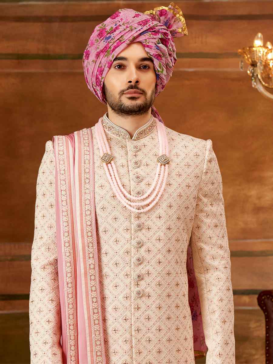 Cream Georgette Embroidered Wedding Groom Sherwani
