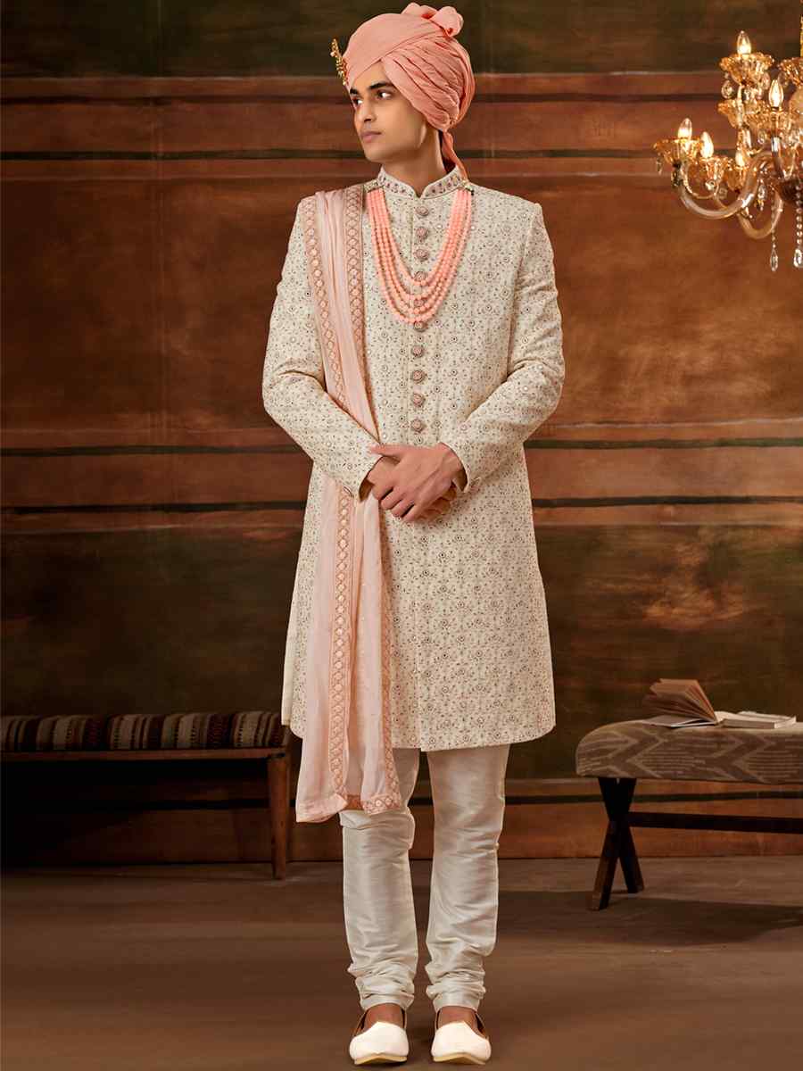 Cream Georgette Embroidered Wedding Groom Sherwani