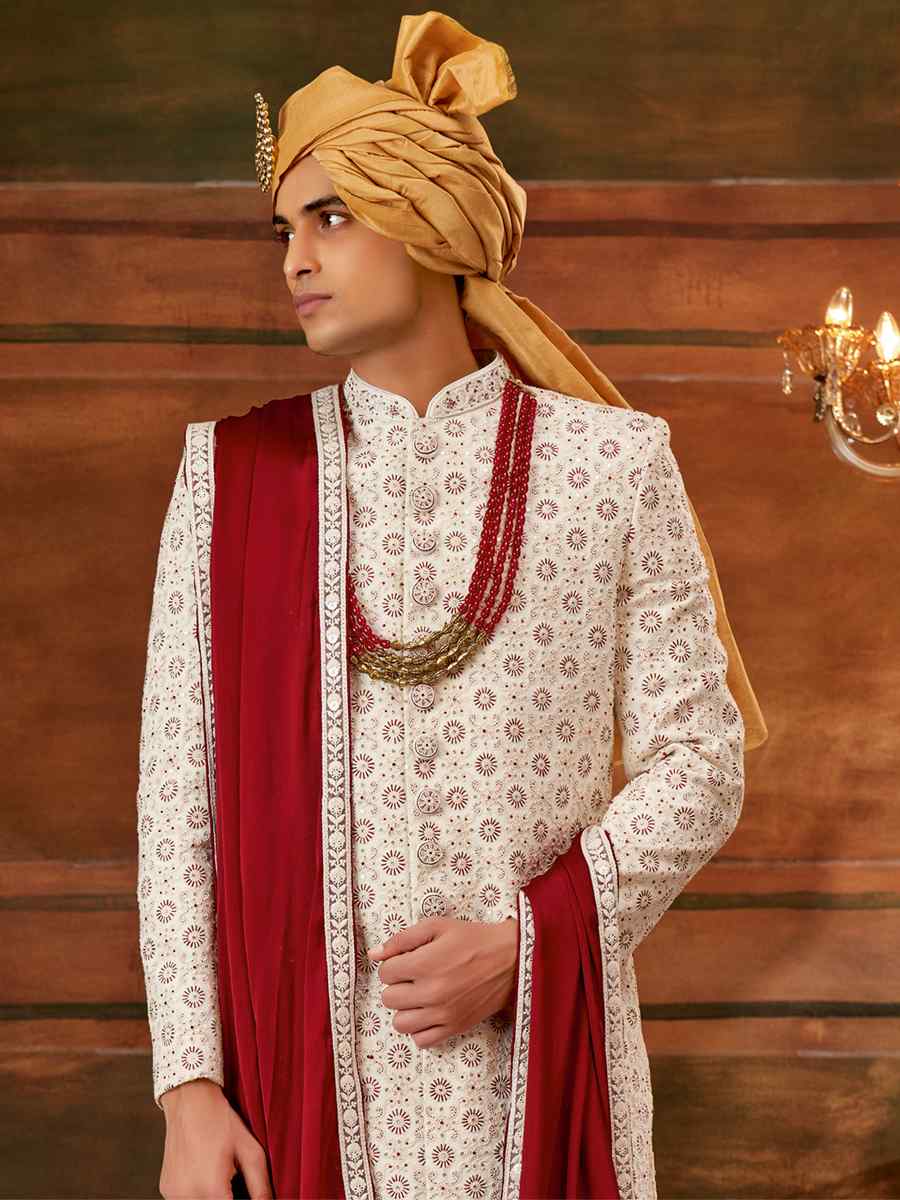 Cream Georgette Embroidered Wedding Groom Sherwani