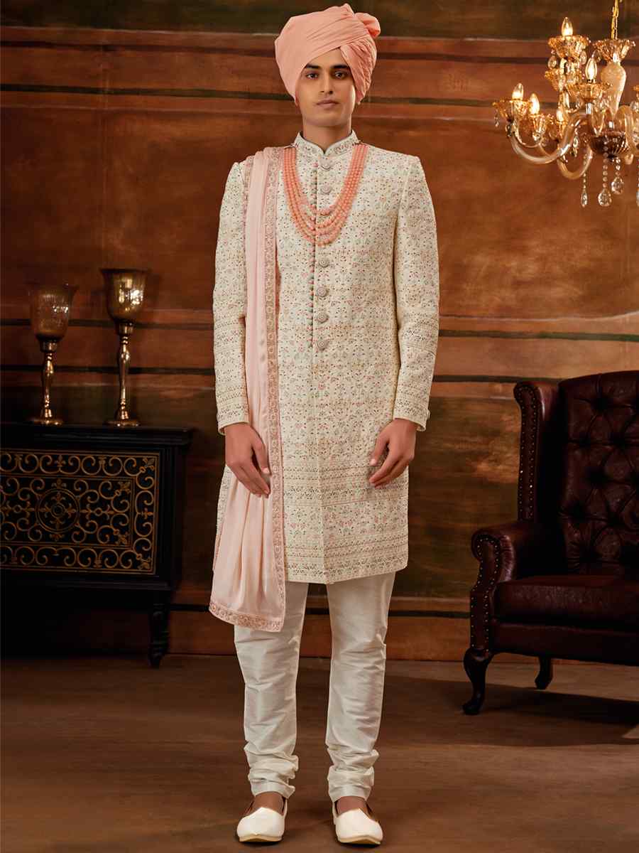 Cream Georgette Embroidered Wedding Groom Sherwani