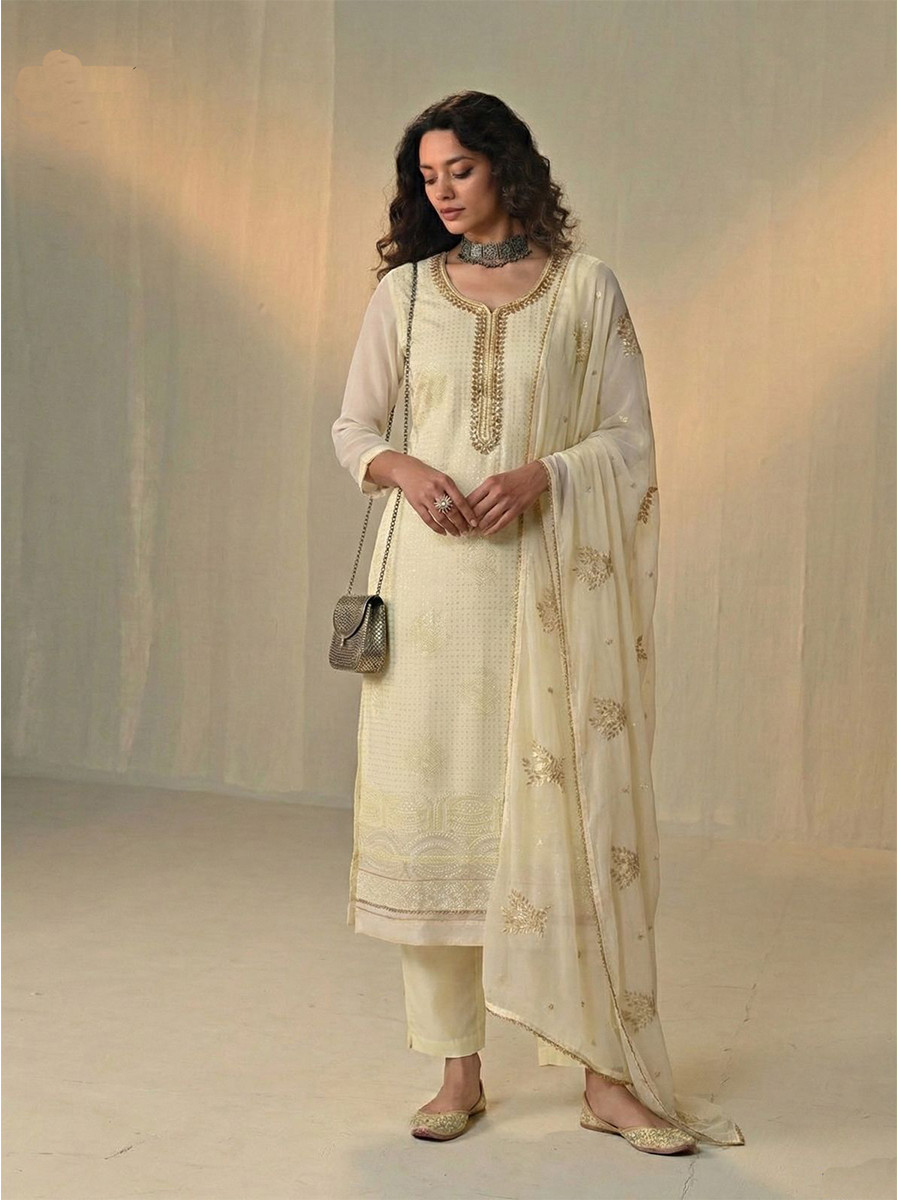Cream Georgette Embroidery Sequins Wedding Party Festival Ready Pant Salwar Kameez