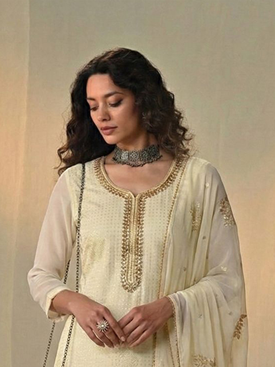 Cream Georgette Embroidery Sequins Wedding Party Festival Ready Pant Salwar Kameez