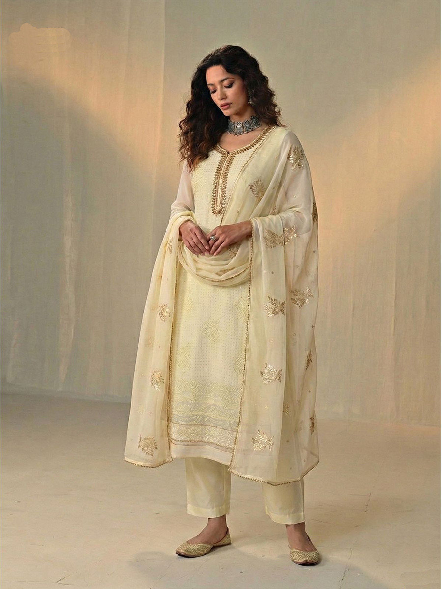 Cream Georgette Embroidery Sequins Wedding Party Festival Ready Pant Salwar Kameez