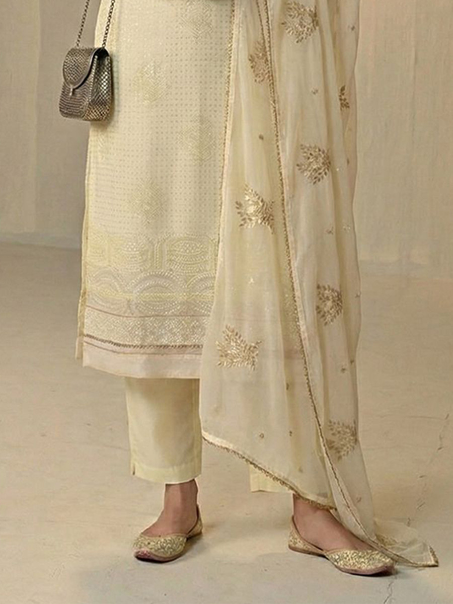 Cream Georgette Embroidery Sequins Wedding Party Festival Ready Pant Salwar Kameez
