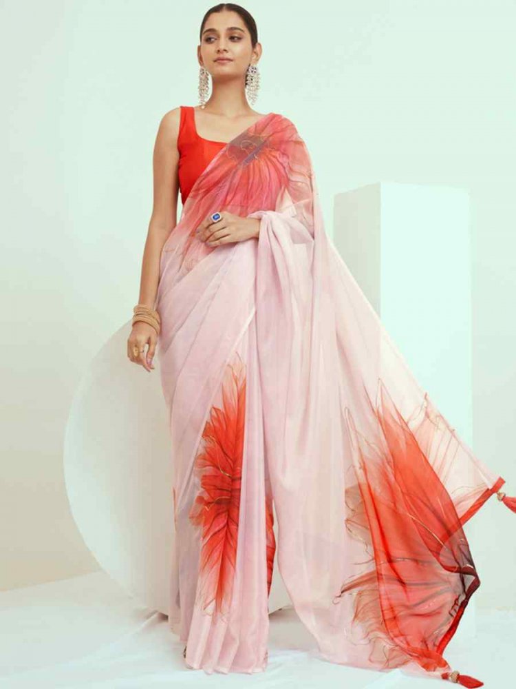 Cream Georgette Printed Casual Festival Contemporary Saree