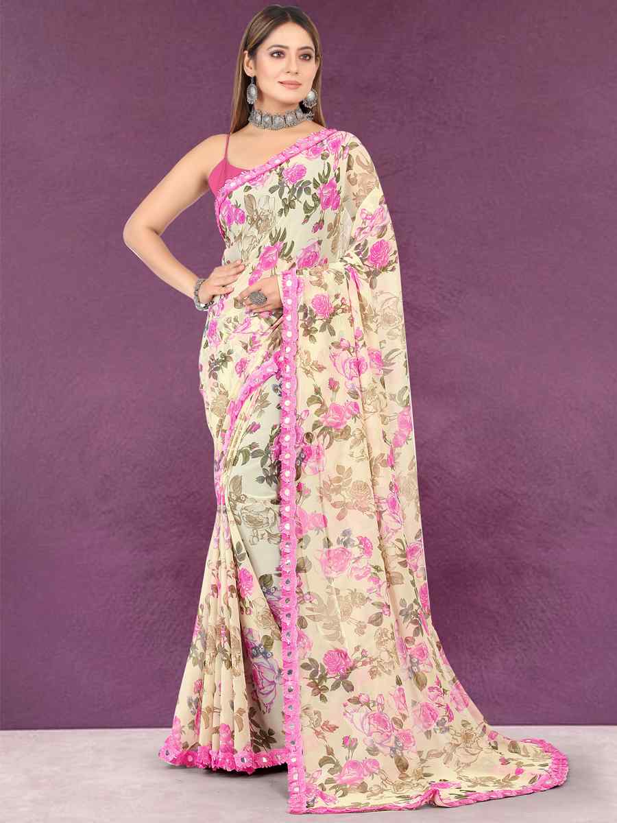 Cream Georgette Printed Casual Party Contemporary Saree