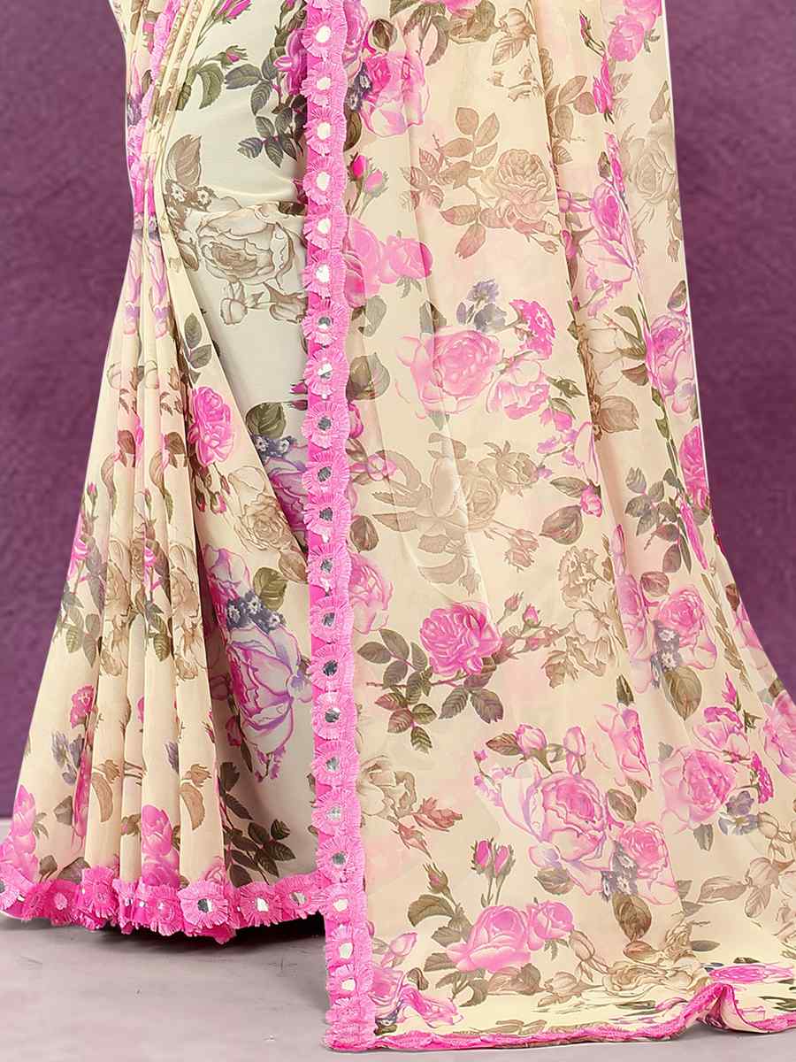 Cream Georgette Printed Casual Party Contemporary Saree