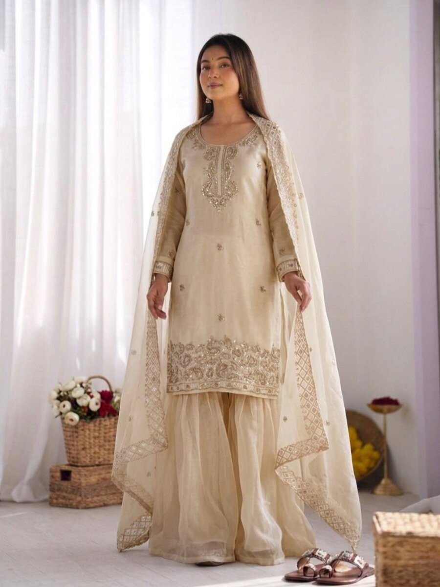 Cream Gmy Choo Silk Embroidery Sequins Zari Wedding Party Festival Casual Palazzo Pant Salwar Kameez