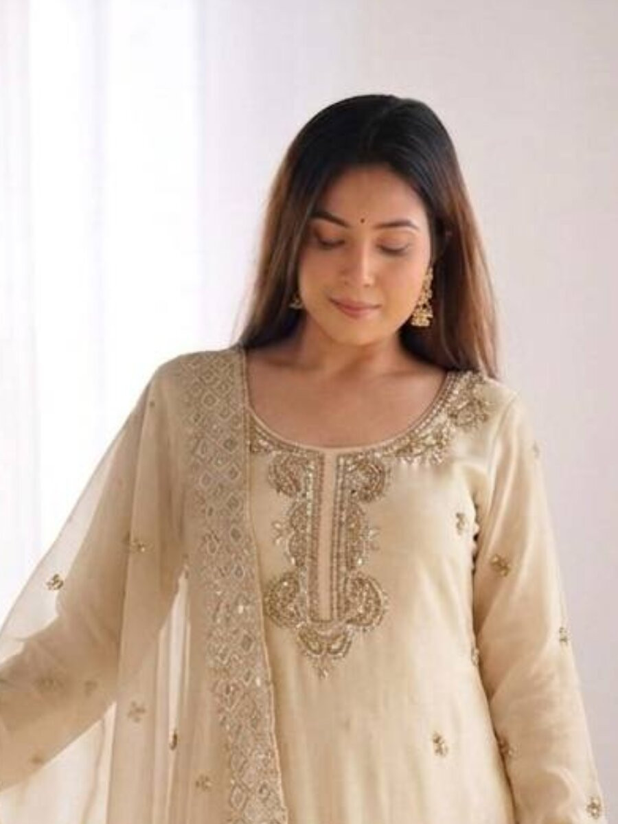 Cream Gmy Choo Silk Embroidery Sequins Zari Wedding Party Festival Casual Palazzo Pant Salwar Kameez