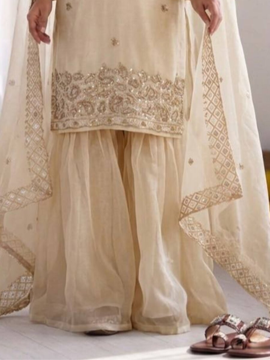 Cream Gmy Choo Silk Embroidery Sequins Zari Wedding Party Festival Casual Palazzo Pant Salwar Kameez