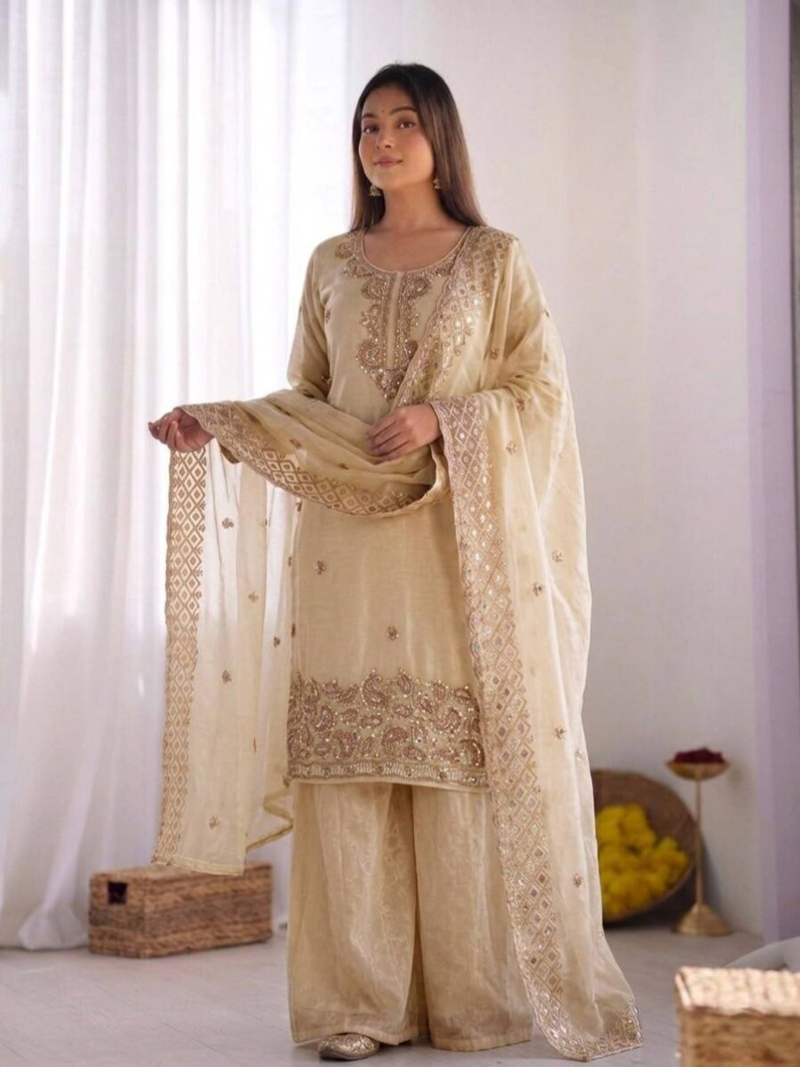 Cream Gmy Choo Silk Embroidery Sequins Zari Wedding Party Festival Casual Palazzo Pant Salwar Kameez