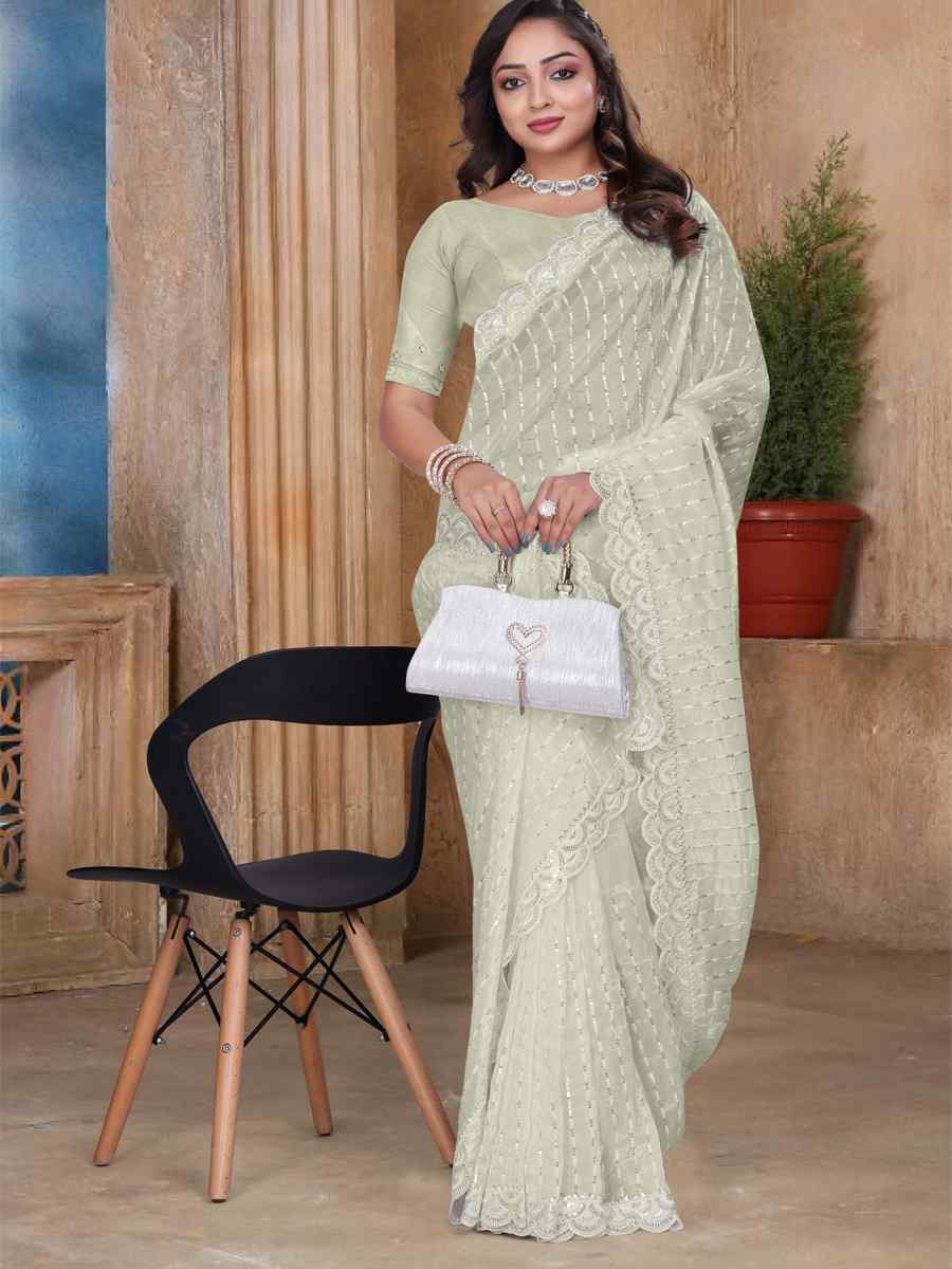 Cream Gold Cruch Silk Embroidered Festival Wedding Fancy Heavy Border Saree