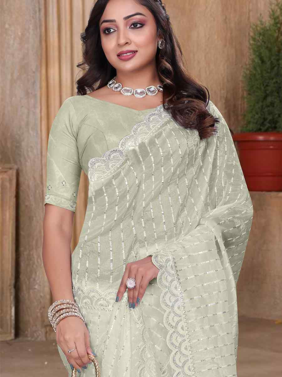 Cream Gold Cruch Silk Embroidered Festival Wedding Fancy Heavy Border Saree