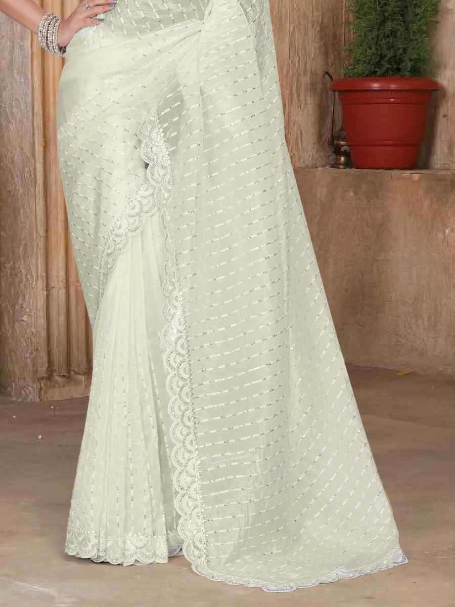 Cream Gold Cruch Silk Embroidered Festival Wedding Fancy Heavy Border Saree