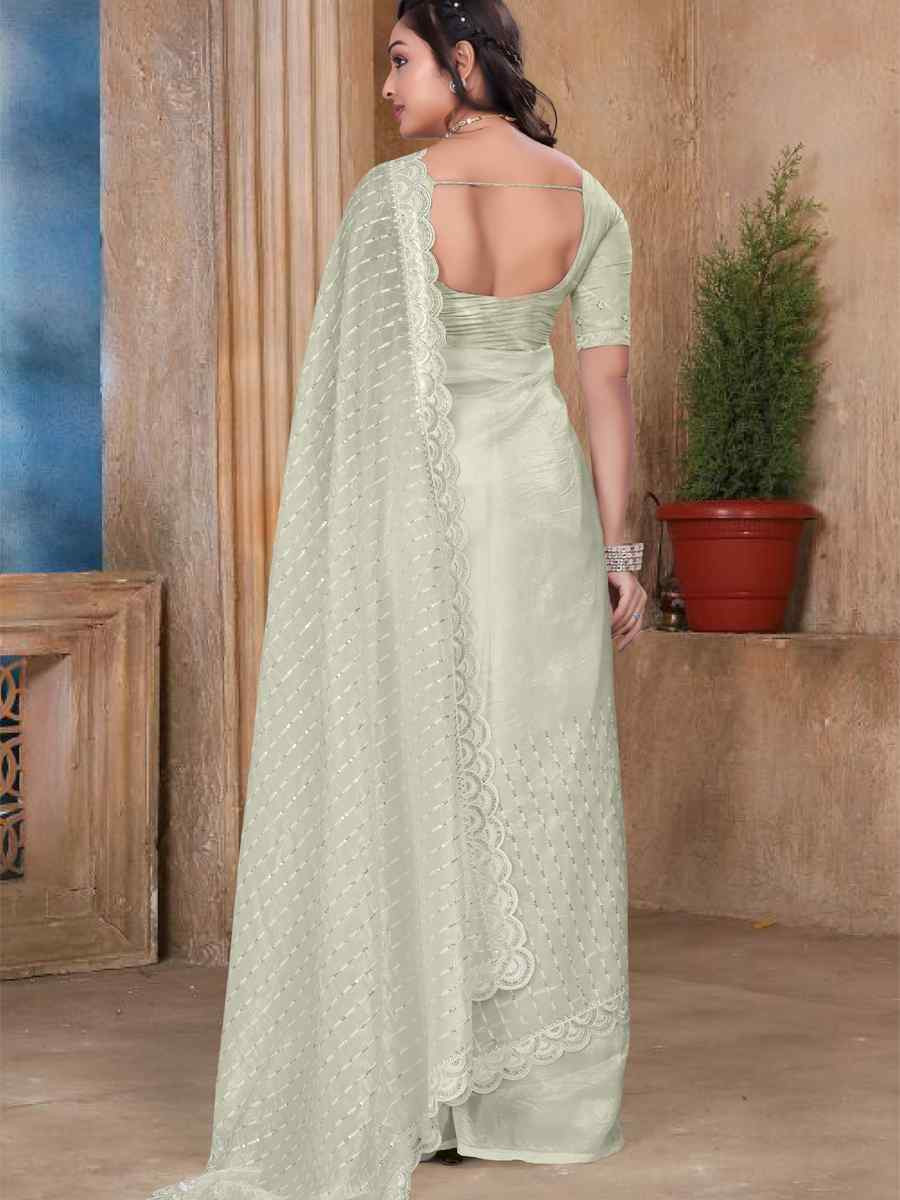 Cream Gold Cruch Silk Embroidered Festival Wedding Fancy Heavy Border Saree