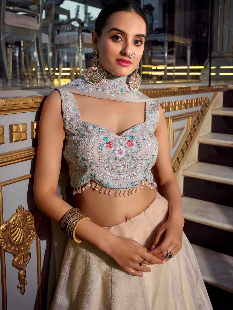 Cream Gold Crush Embroidered Reception Wedding Lehenga Choli