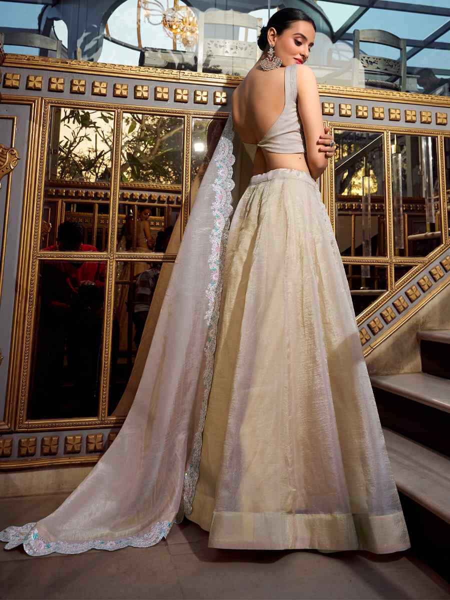 Cream Gold Crush Embroidered Reception Wedding Lehenga Choli