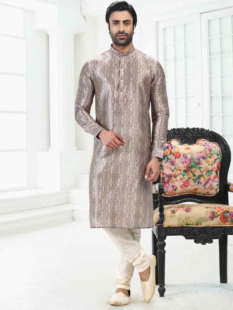 Cream Gray Banarasi Silk Woven Festival Party Kurta