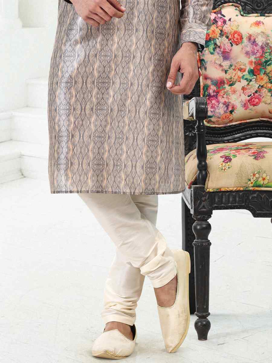Cream Gray Banarasi Silk Woven Festival Party Kurta