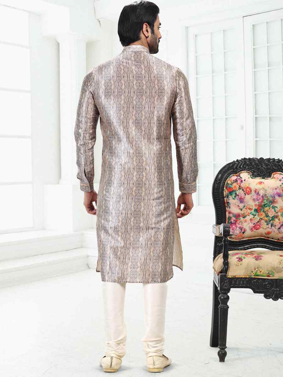 Cream Gray Banarasi Silk Woven Festival Party Kurta