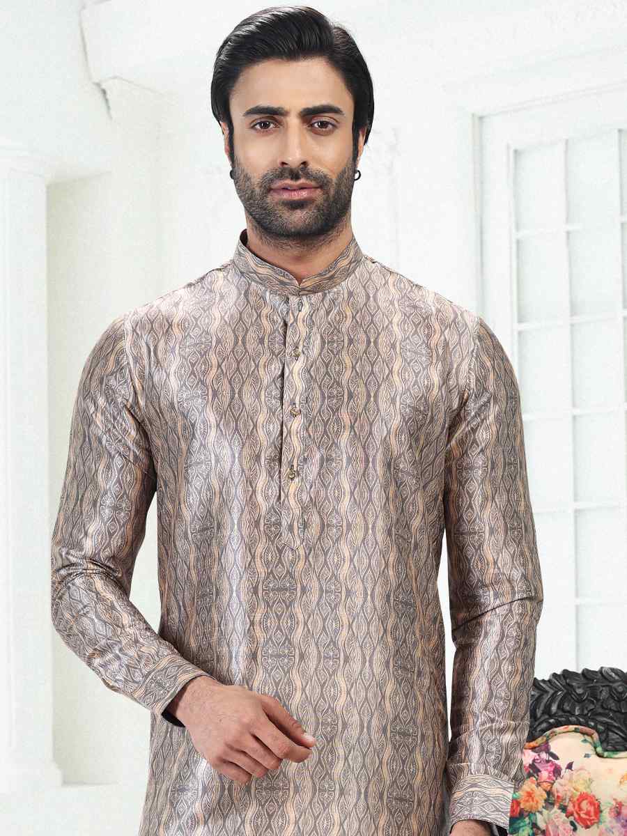 Cream Gray Banarasi Silk Woven Festival Party Kurta