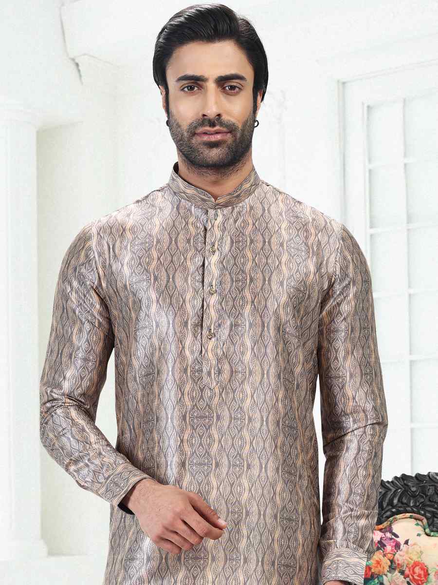 Cream Gray Banarasi Silk Woven Festival Party Kurta