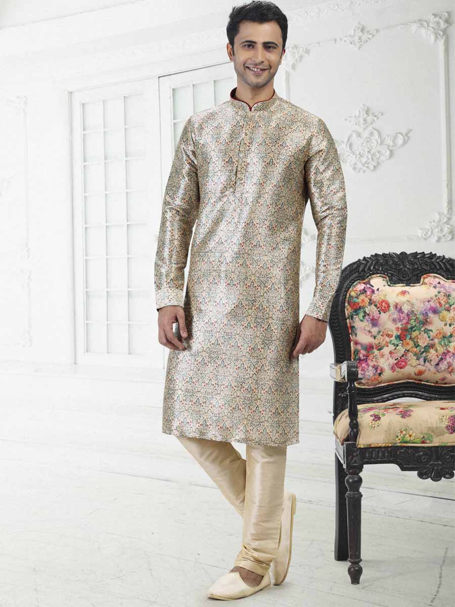 Cream Green Banarasi Silk Printed Festival Wedding Kurta