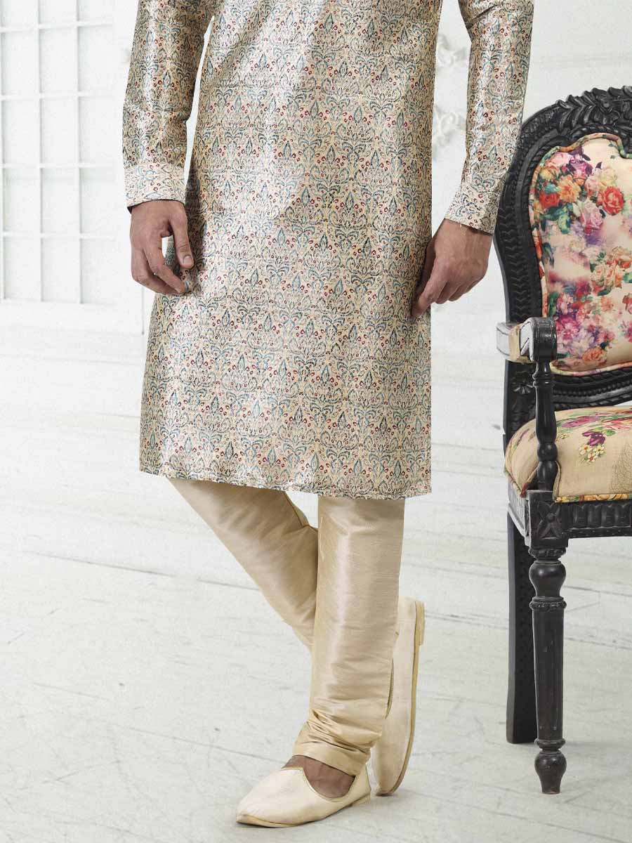 Cream Green Banarasi Silk Printed Festival Wedding Kurta