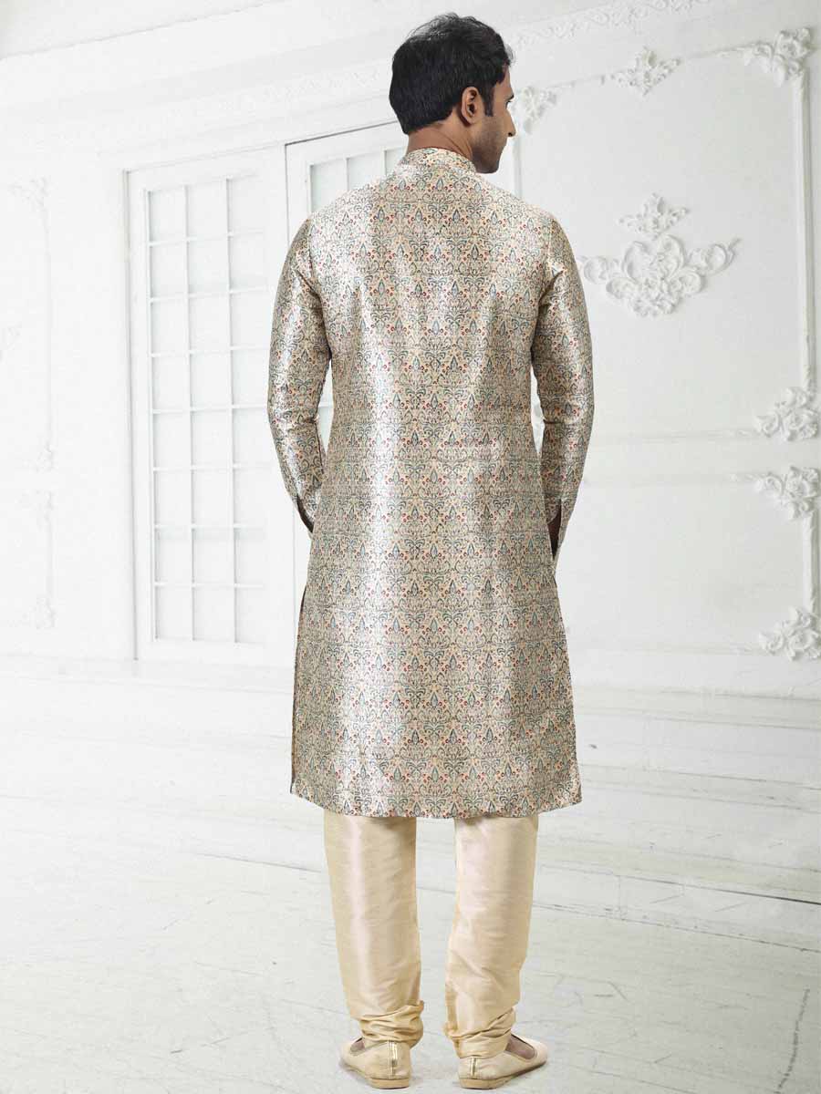 Cream Green Banarasi Silk Printed Festival Wedding Kurta