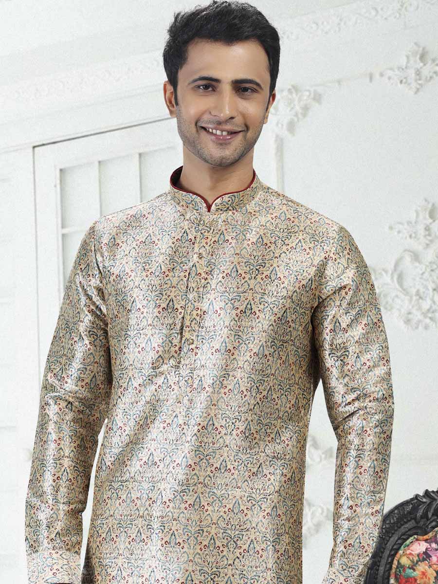 Cream Green Banarasi Silk Printed Festival Wedding Kurta