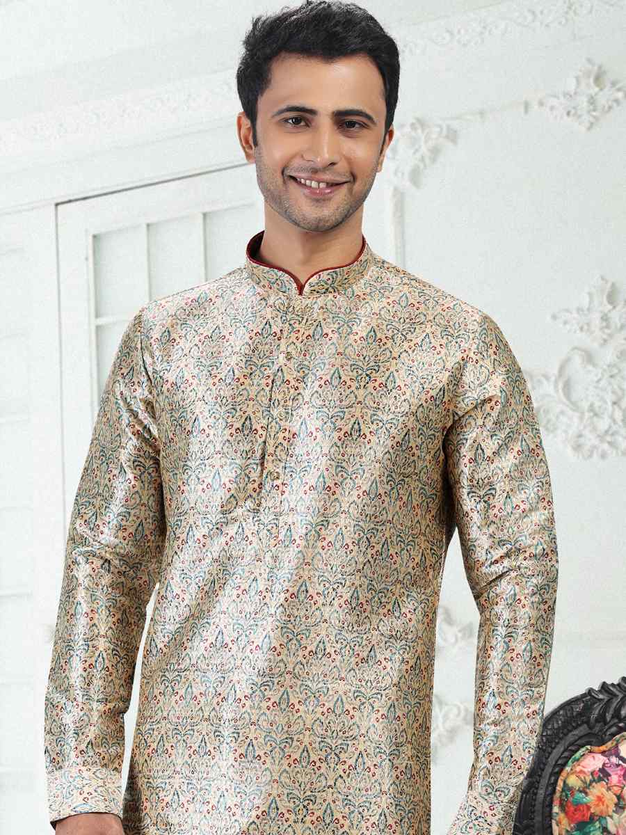 Cream Green Banarasi Silk Woven Festival Party Kurta