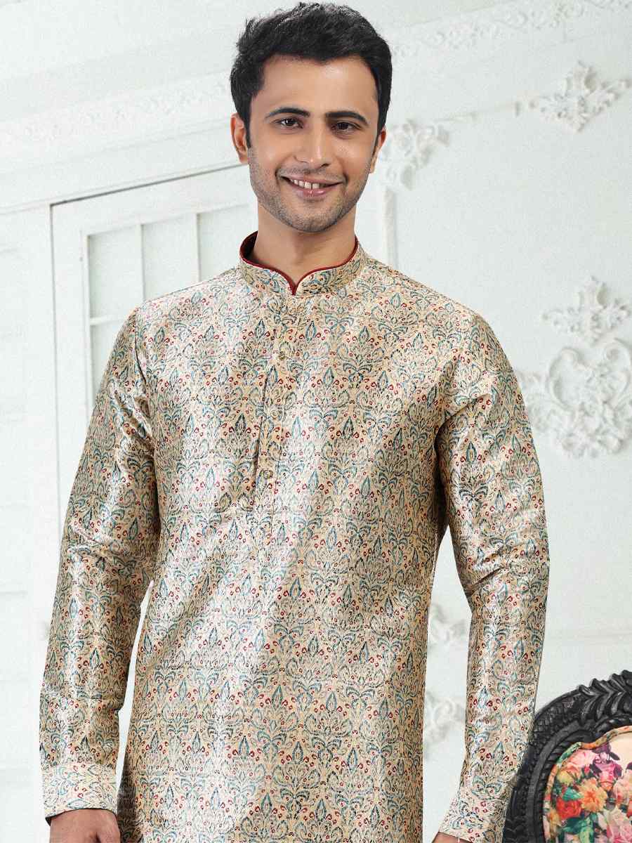 Cream Green Banarasi Silk Woven Festival Party Kurta